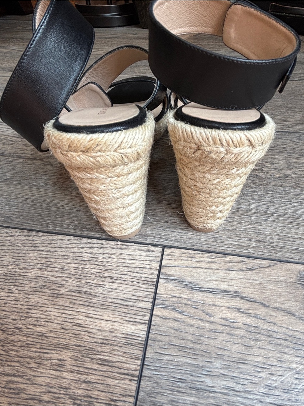 Stuart Weitzman Lexia Espadrille Leather Ankle Strap Black Wedge Sandal Sz 8 - Picture 11 of 16